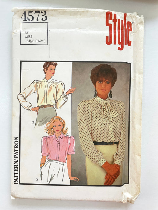 UNCUT vintage Sewing Pattern - Style Pattern 4573 - Ladies Shirt Blouse Concealed Buttons tie neck Size  18 UNCUT