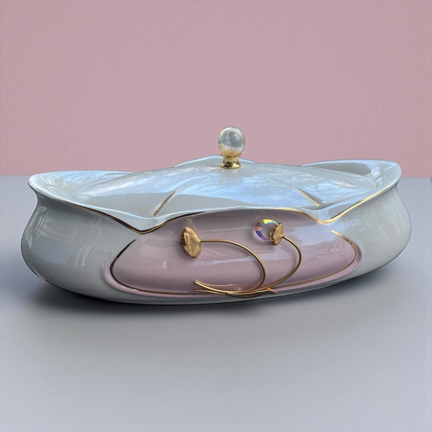 Carpie Sele-Arte Nove Italy Art Pottery Jewelry Box – Glazed Italian Ceramic Trinket Box with Gold & Crystal Accent - Stunning/Rare