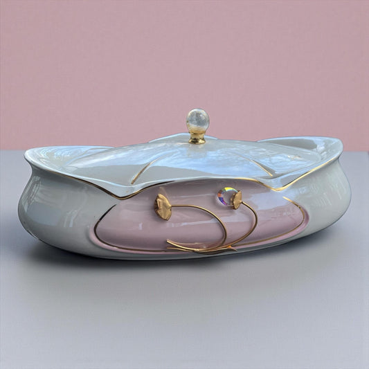 Carpie Sele-Arte Nove Italy Art Pottery Jewelry Box – Glazed Italian Ceramic Trinket Box with Gold & Crystal Accent - Stunning/Rare