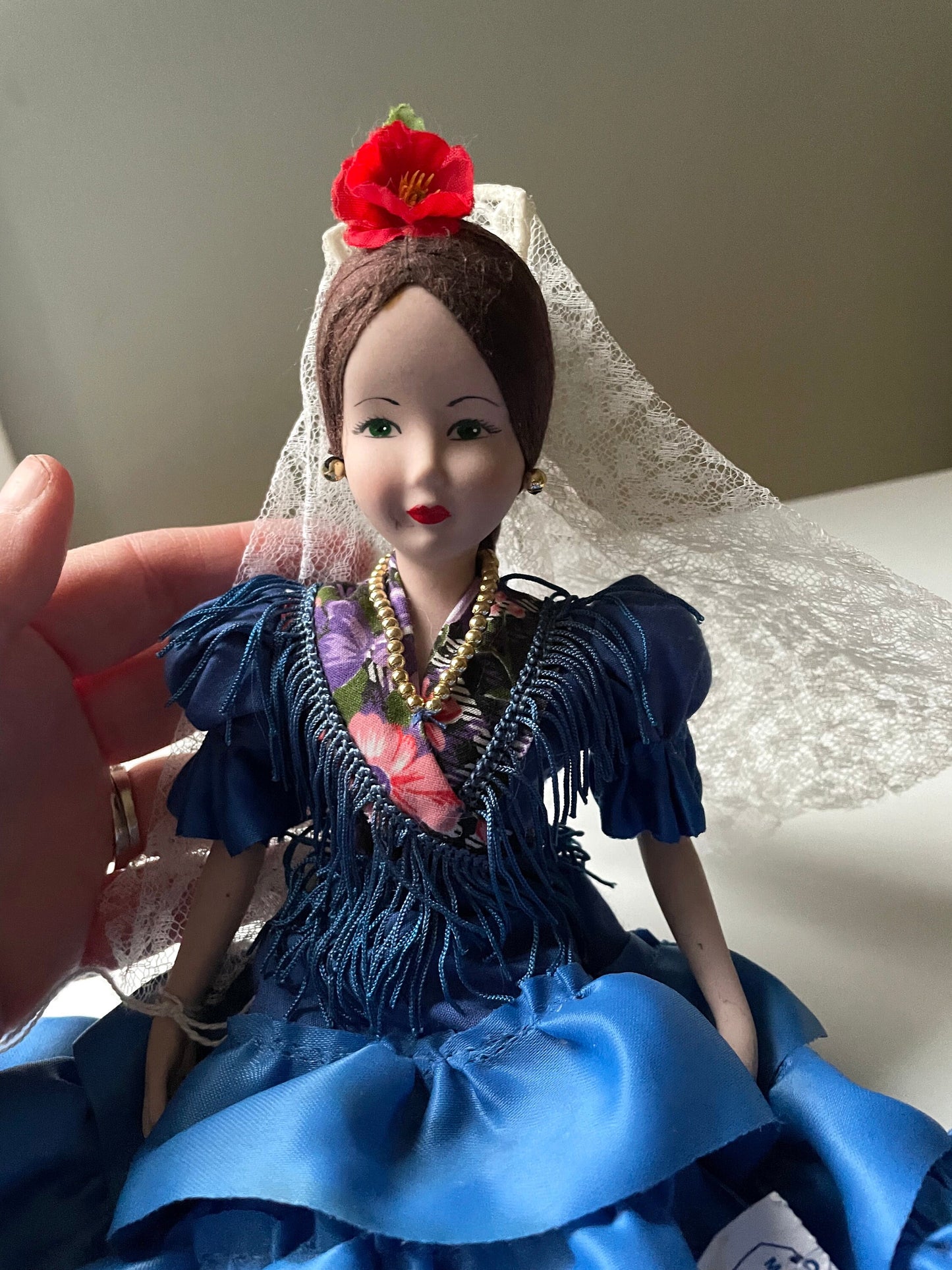 Stunning vintage Marin chiclana Spanish porcelain doll in beautiful royal blue dress with red hair flower and lace - from Valencia, Spain