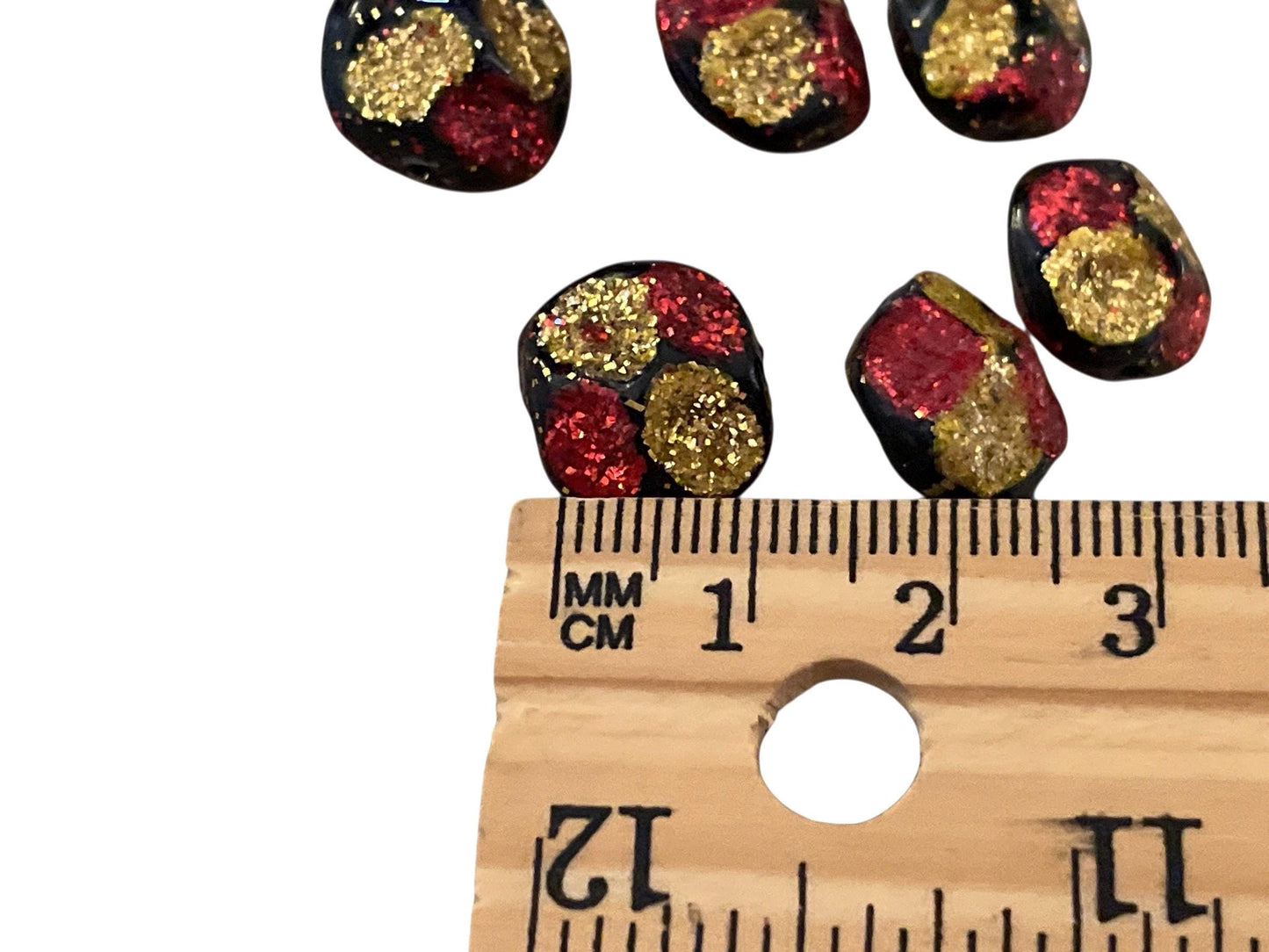 Vintage Red & Gold Glitter on uniquely shaped black Beads – for Jewelry Making