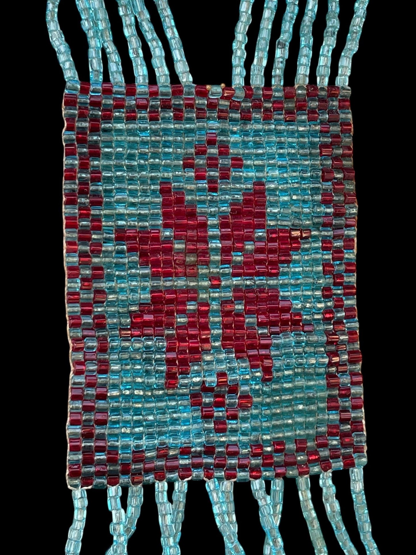 Stunning long multi-stranded vintage handmade all-beaded necklace - turquoise and red glass seed beads