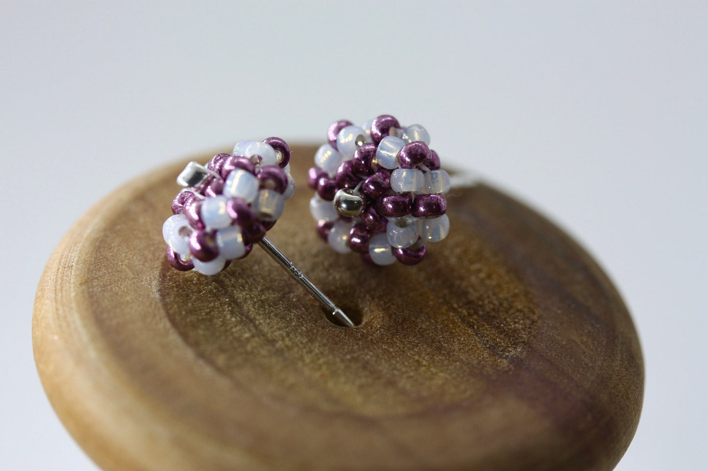 Hand beaded sterling silver stud earrings - purple with drops of gold lined white glass - studs, beadwork studs, beaded studs