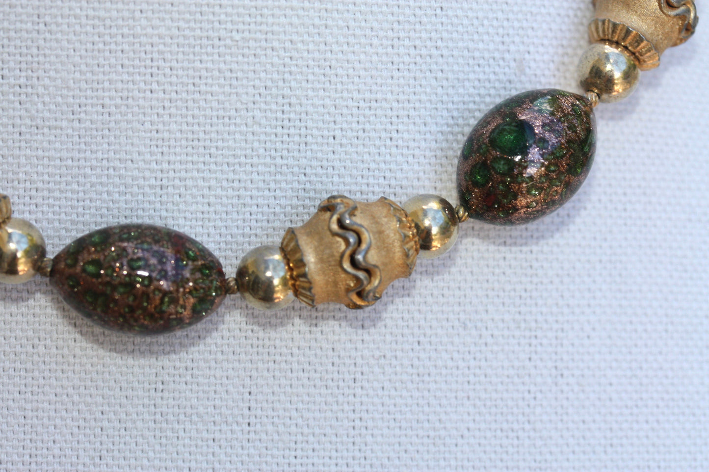 Rare Crown Trifari 1950's Murano Glass Beaded Etruscan Style Necklace - green and gold