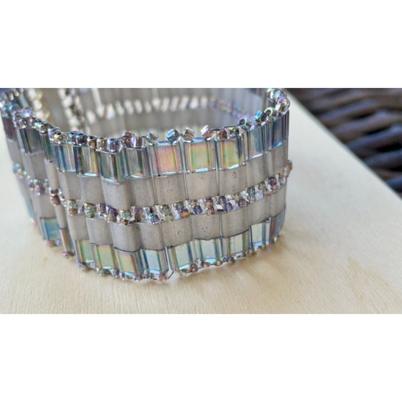 Stunning vintage silver and opalescent white glass tile hand bead woven vintage beadwork bracelet