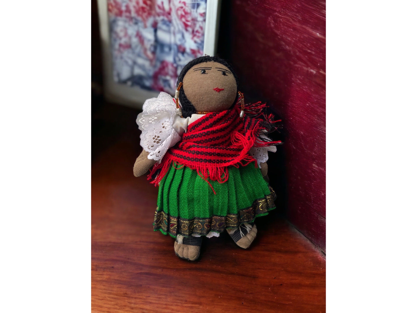 Stunning vintage Mexican? girl doll with braids, sandals and traditional clothing