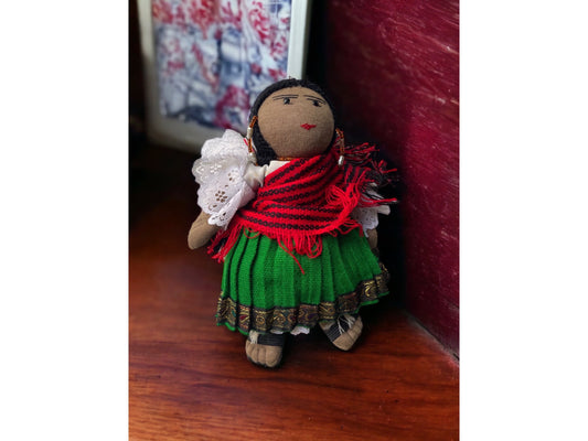 Stunning vintage Mexican? girl doll with braids, sandals and traditional clothing
