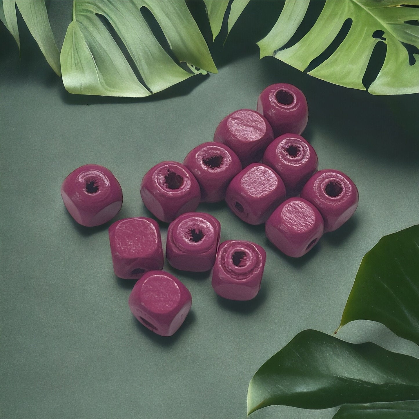 One dozen small cube square purple wood vintage beads - approx. 8 mm each