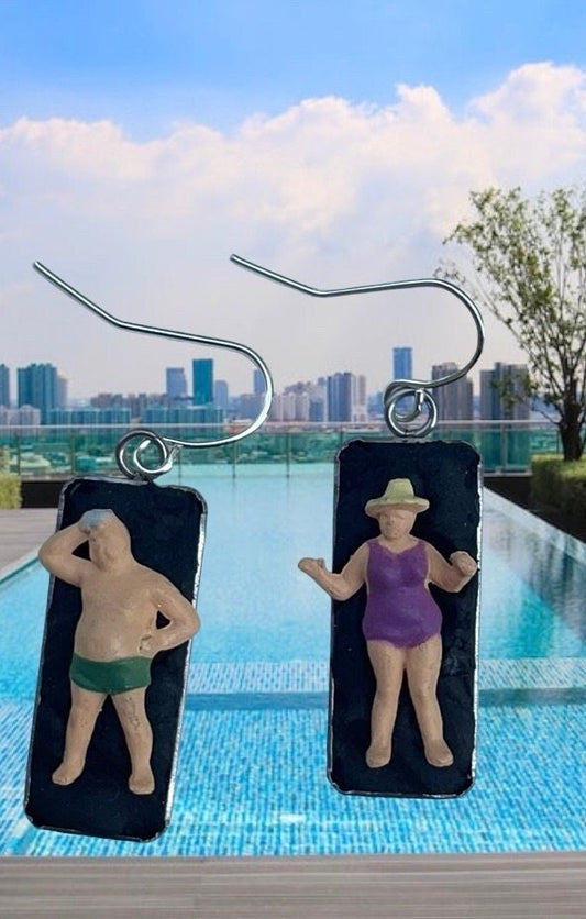 Fun, mom-mom and pop-pop retirees in bathing suits -unique little people handmade dangle earrings - grandma, grandpa, miniature