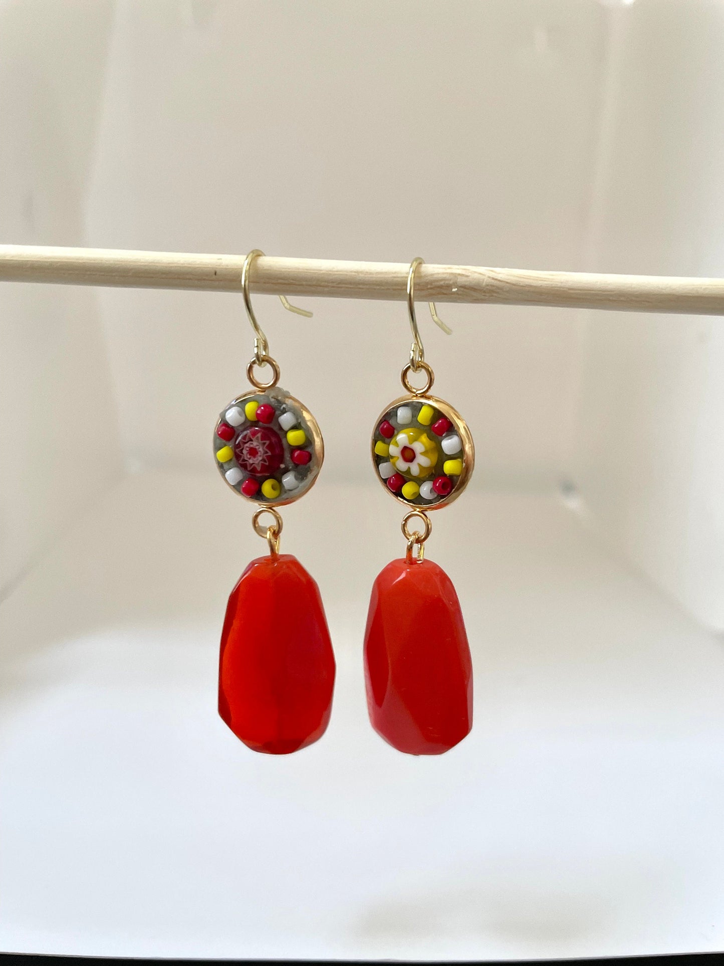 Mosaic inlaid glass and millefiori beads with large uniquely shaped glass dangles