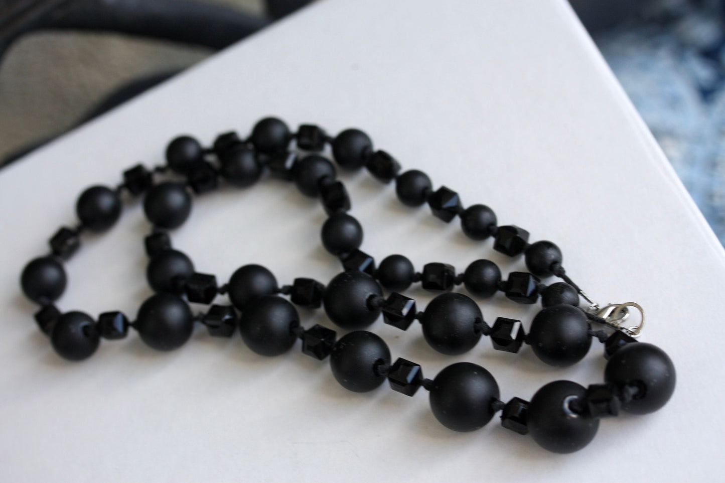 Stunning, high quality long black vintage necklace - with black matte round faux pearls and smooth cubed black crystal-like beads