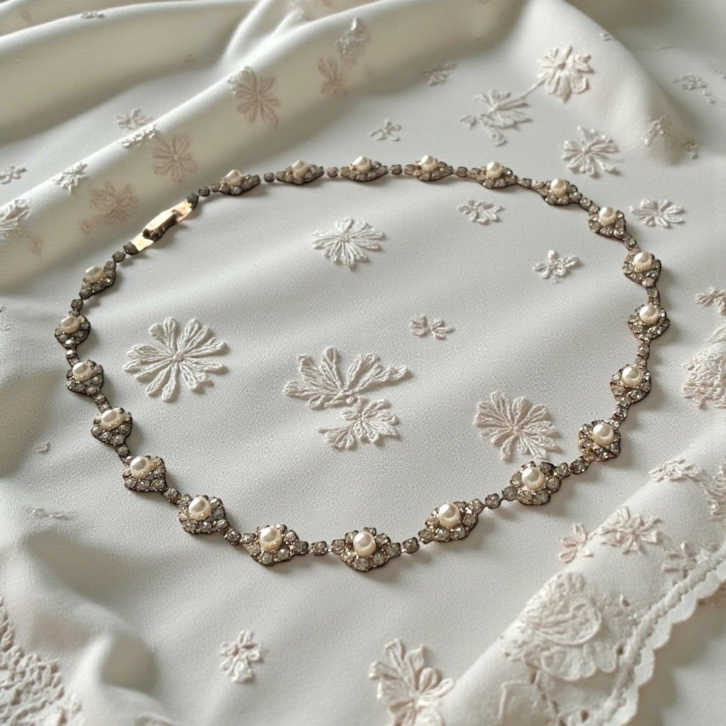 Vintage NY Signed Rhinestone & Pearl Necklace, Elegant 1950s Bridal Jewelry - most likely Kramer of NY?