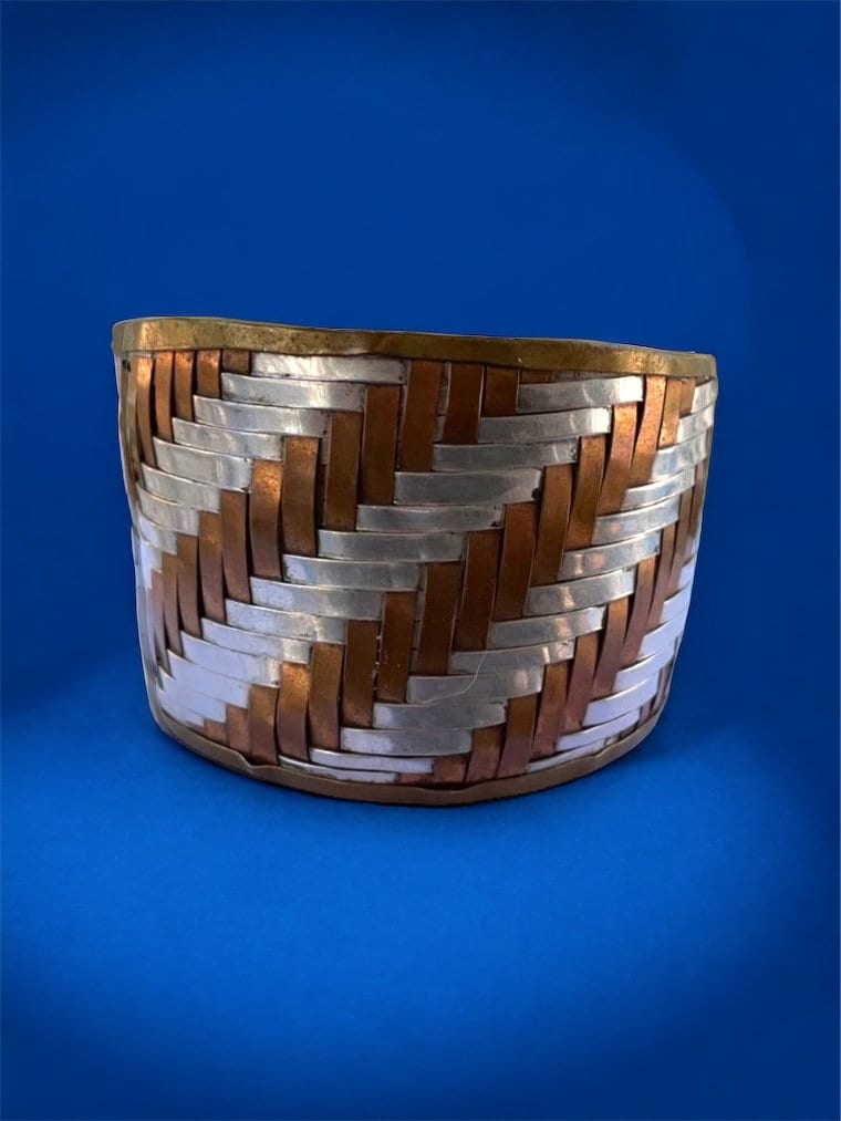 Mixed metal Basketweave hand woven copper & silver stunning vintage artisan cuff bracelet