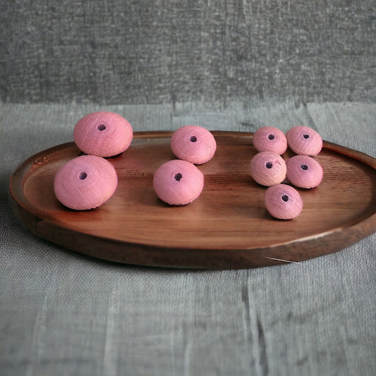 Pink wood saucer-shaped vintage beads - 9 beads total exactly as pictured