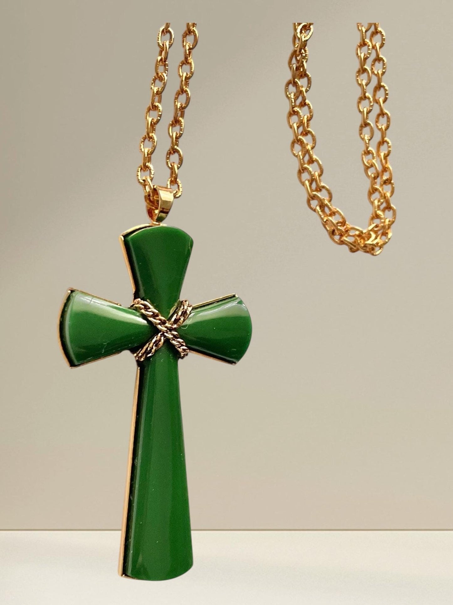 Vintage Avon Green Enamel Cross Pendant Necklace, Gold-Tone Chain, 1980s Avon Jewelry, Religious Statement Necklace