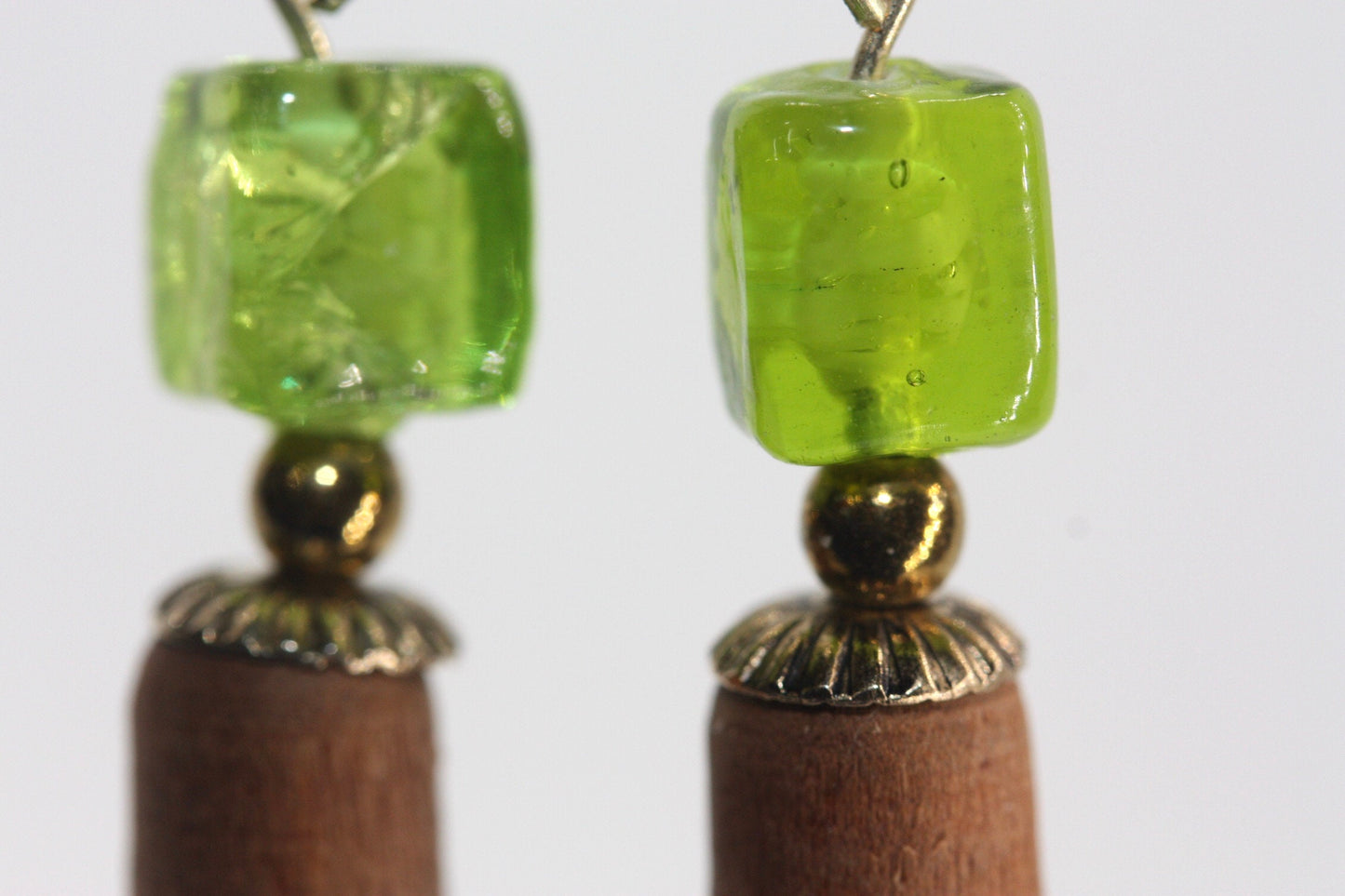 Handmade dangle earrings - lime green upcycled glass cubes with vintage wood tubes and metal elements, goldtone french ear wires