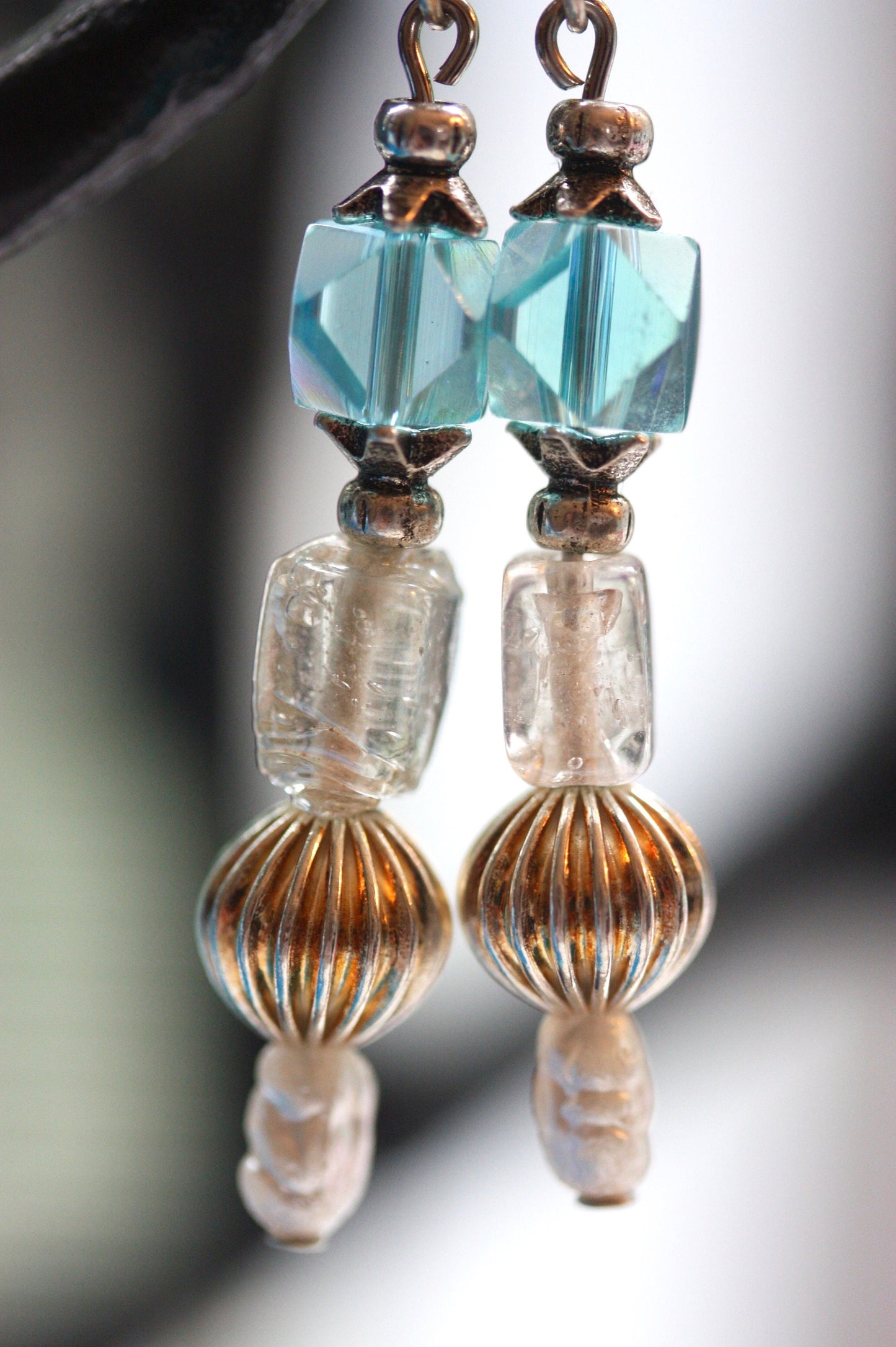 Blue crystal, pearl & uniquely shaped muted clear glass handmade dangle earrings