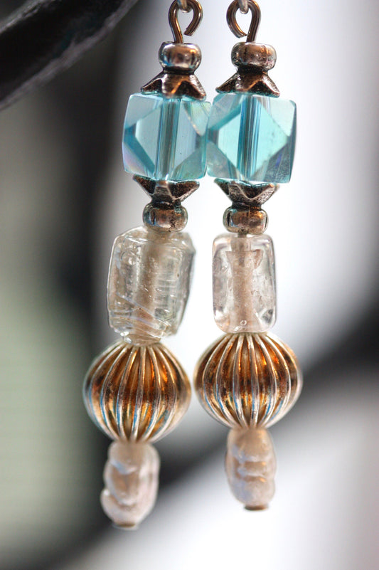 Blue crystal, pearl & uniquely shaped muted clear glass handmade dangle earrings