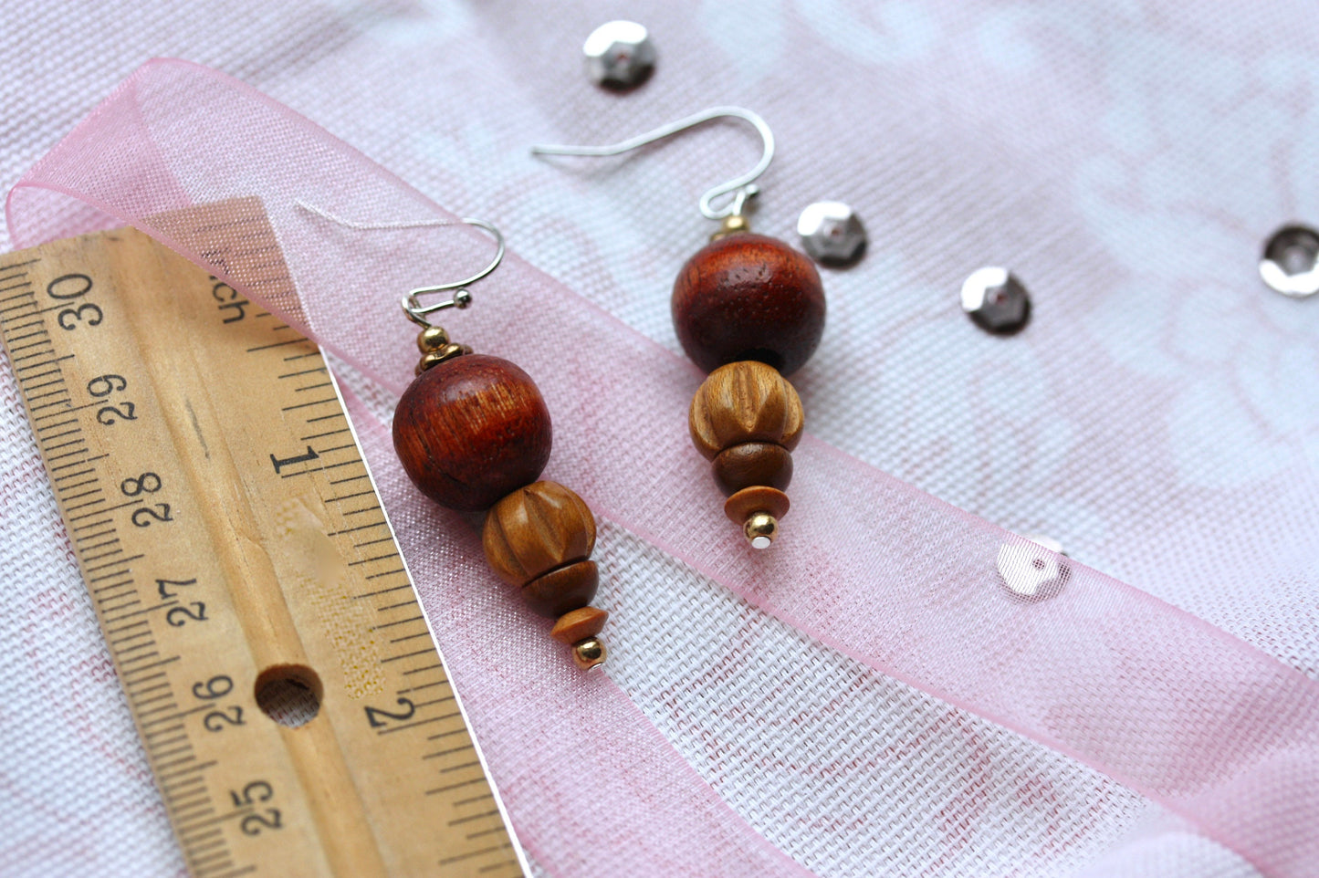 Handmade dangle earrings made with vintage wooden beads