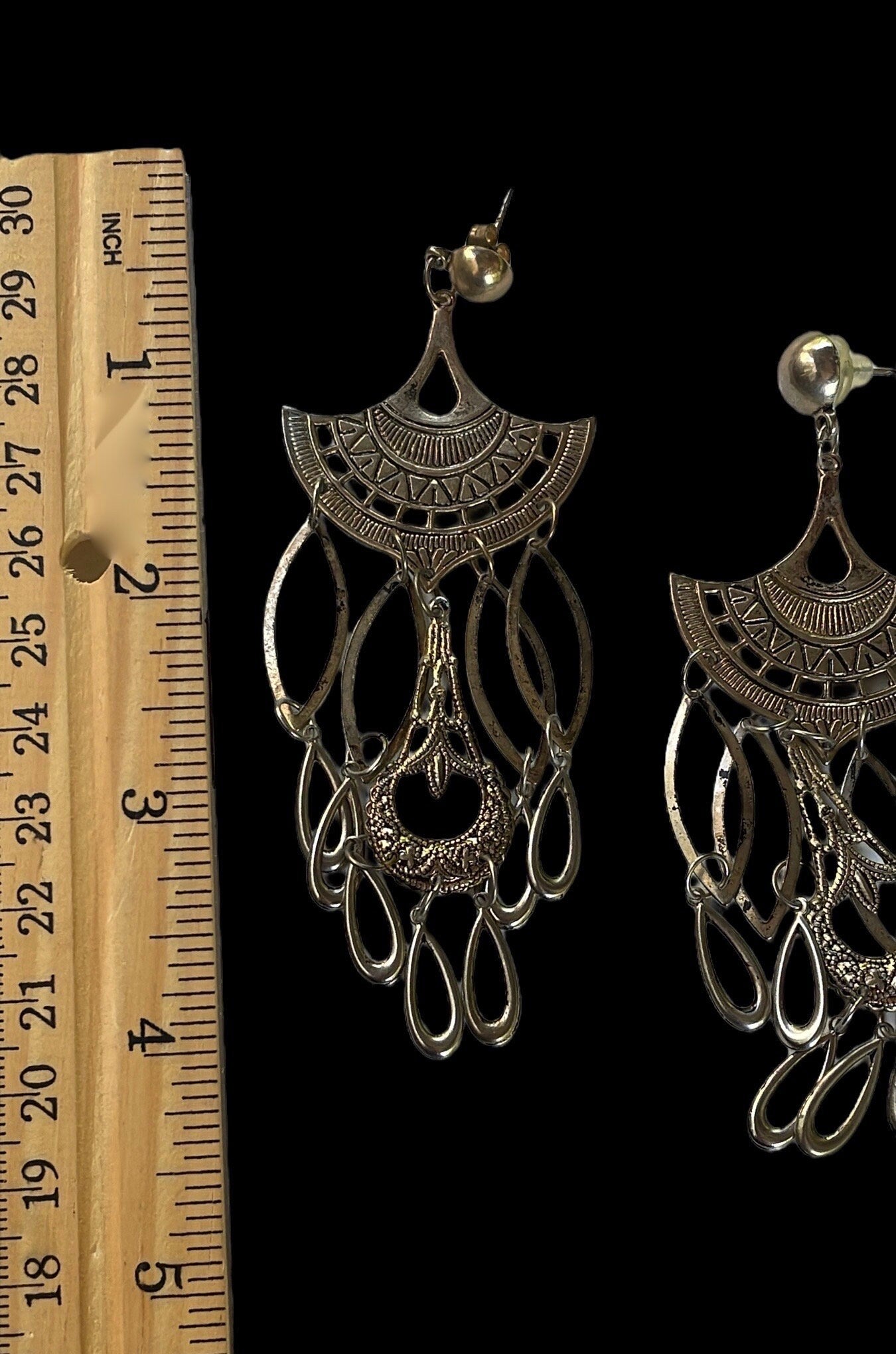 Stunning long vintage dangle earrings - unique geometric art deco style with loads of dangles - nearly 4" long