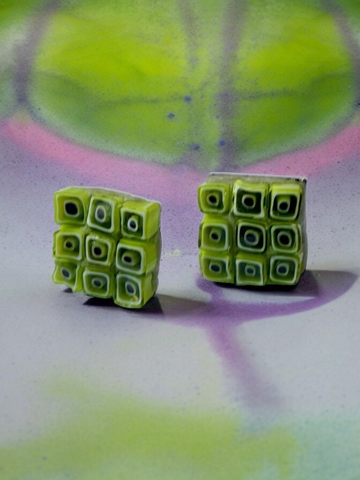 Small handmade lime green squares micro mosaic glass half-inch stud earrings