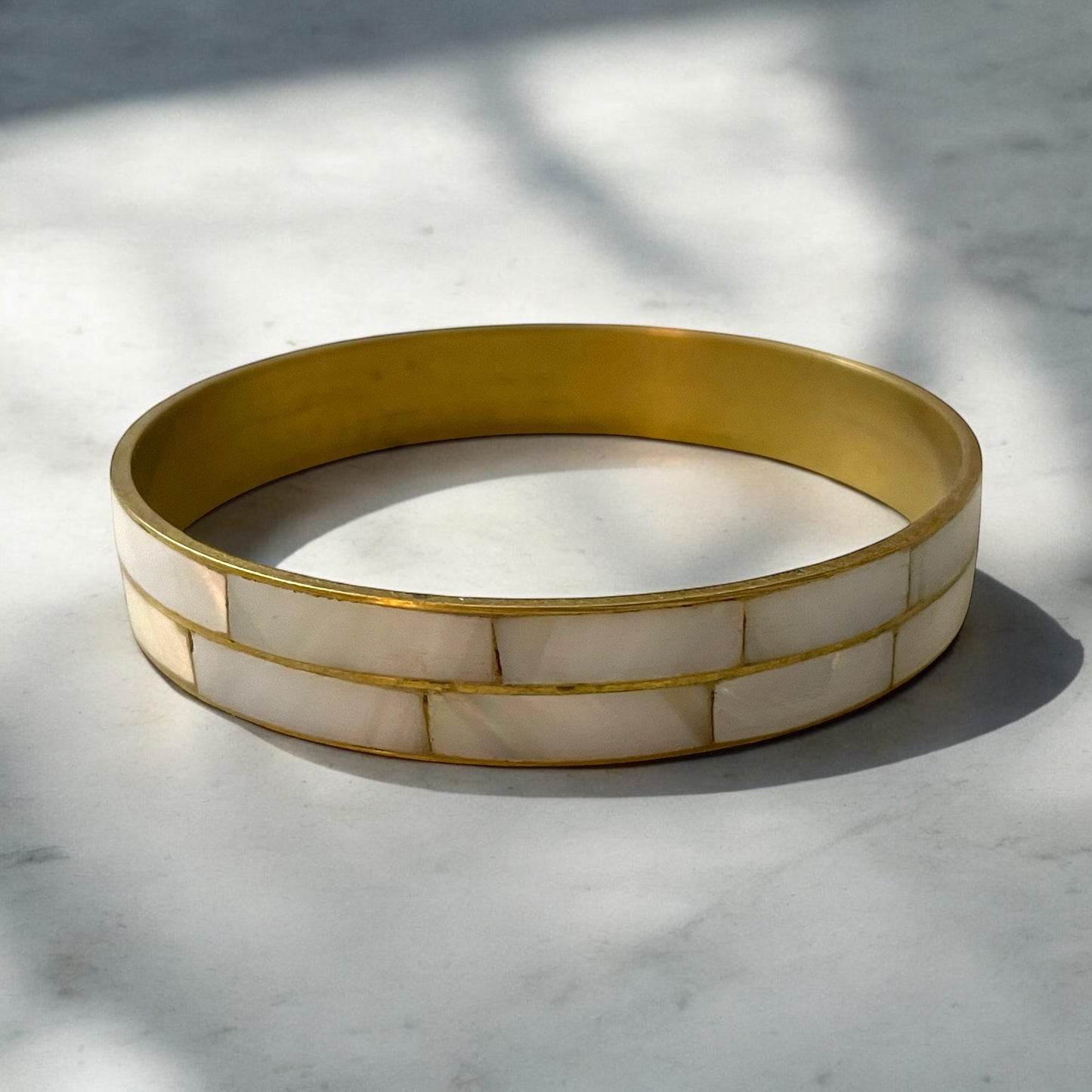 Vintage Bangle Bracelet, Inlaid Mother of Pearl & Brass