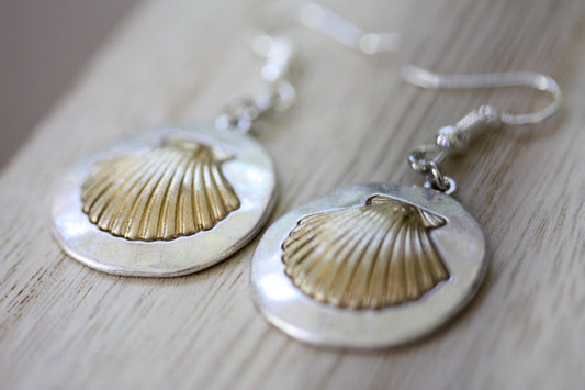 Handmade earrings made with upcycled / repurposed vintage Silver tone and gold tone seashell dangles