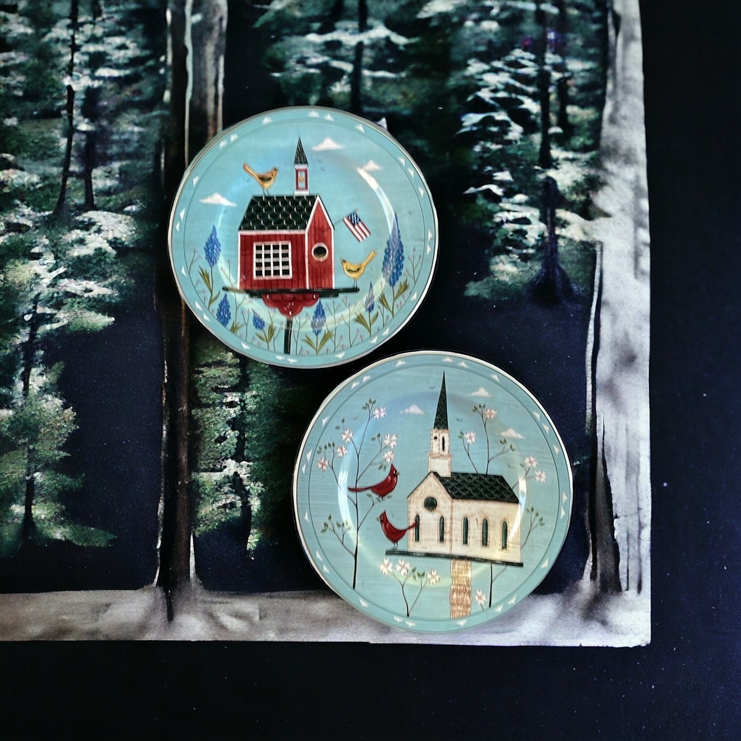 Pair of charming Warren Kimble Birdhouse Salad/dessert Plates - 8" each
