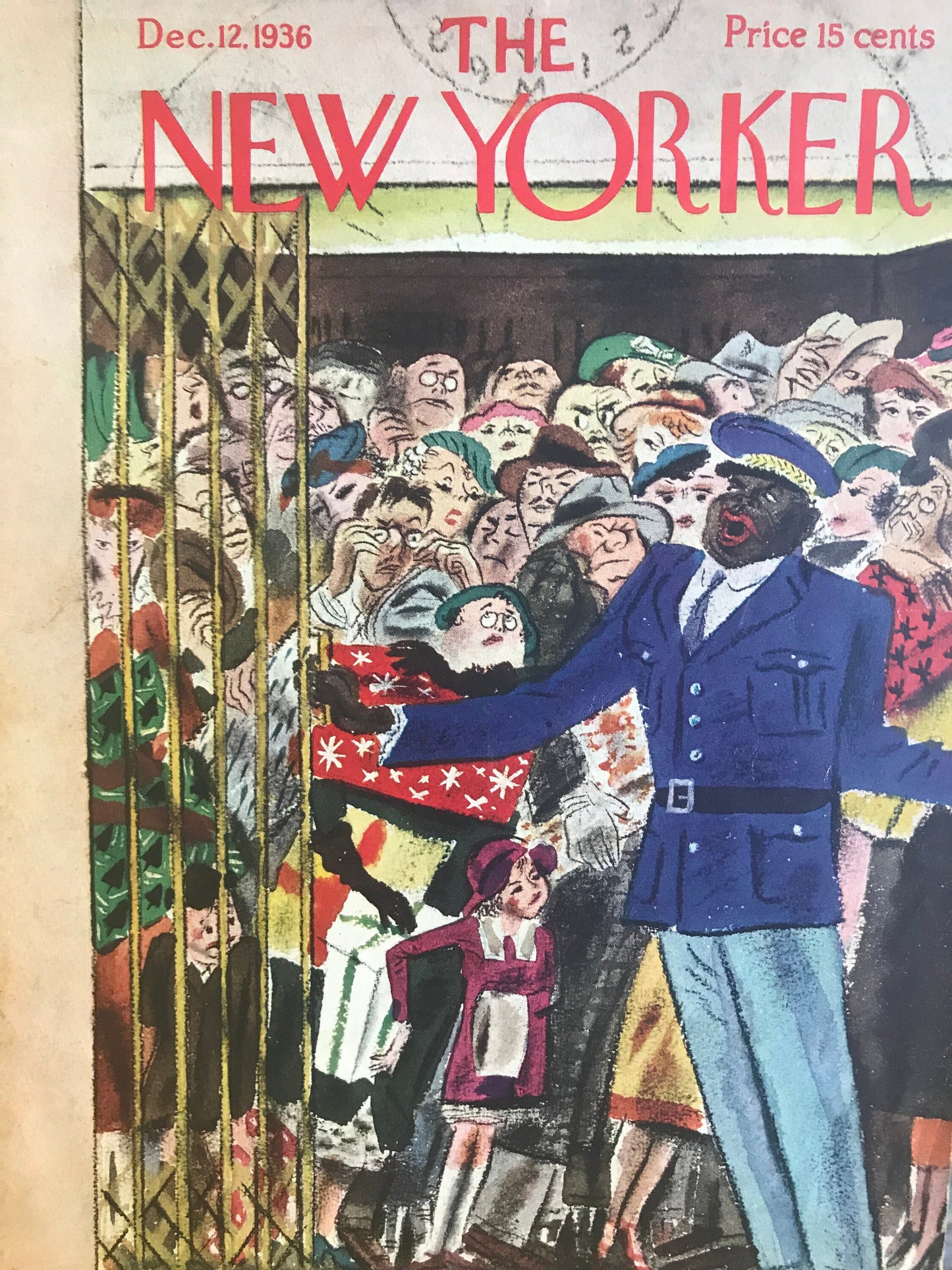 Very Rare - December 12, 1936 - NEW YORKER Magazine cover - packed elevator