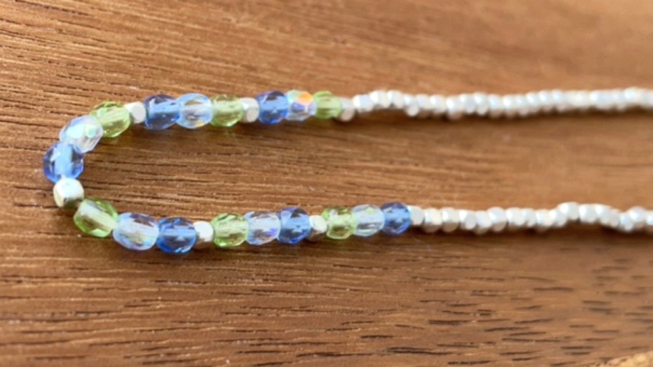 Minimalist necklace - tiny blue and green crystals with tiny silver cubed beads