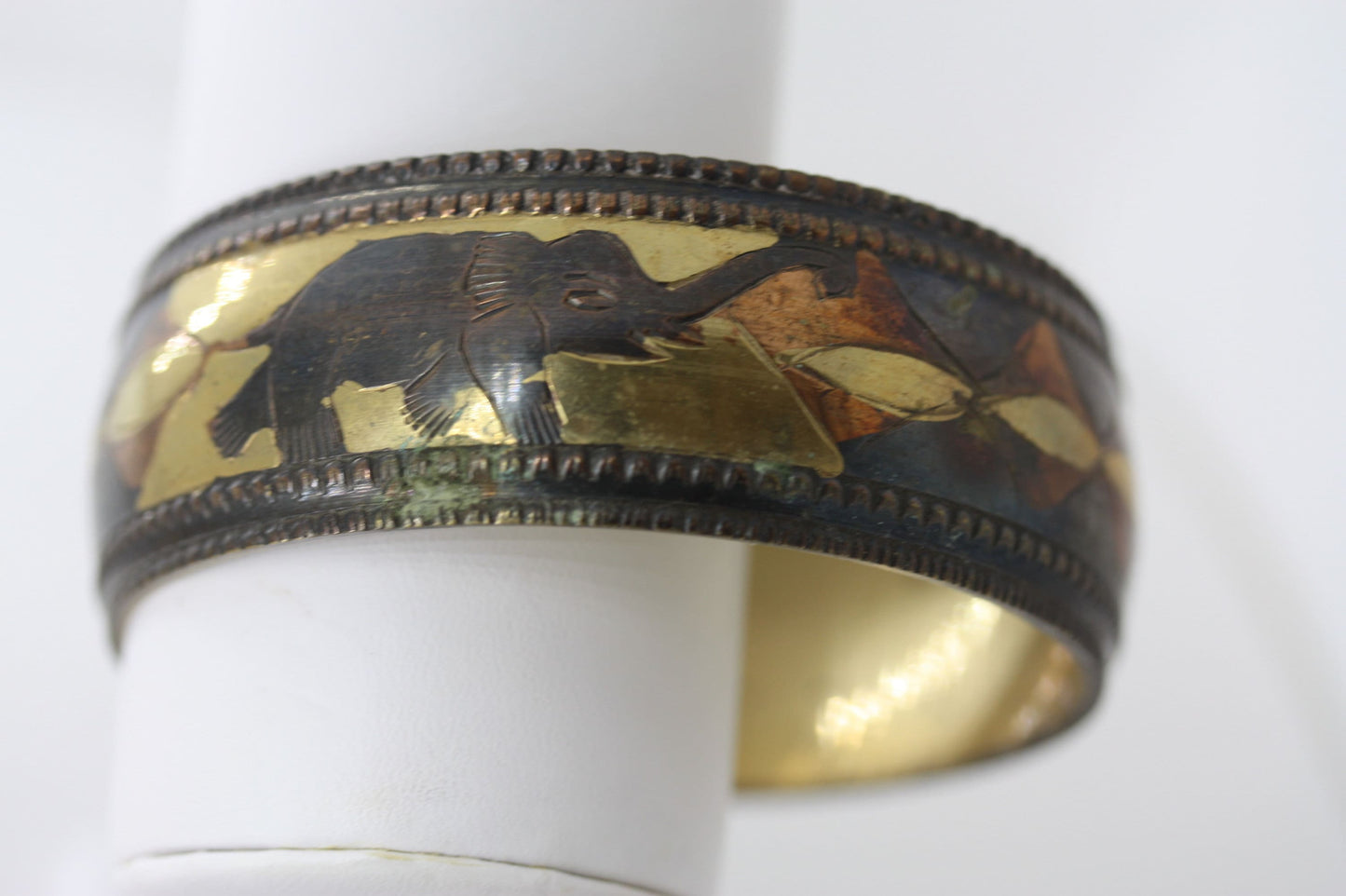 Brass Copper Bronze Elephant Bangle Bracelet – Mixed Metal Boho Jewelry, Safari Animal Cuff, Tribal Style Statement Bracelet
