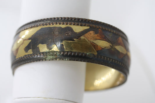 Brass Copper Bronze Elephant Bangle Bracelet – Mixed Metal Boho Jewelry, Safari Animal Cuff, Tribal Style Statement Bracelet