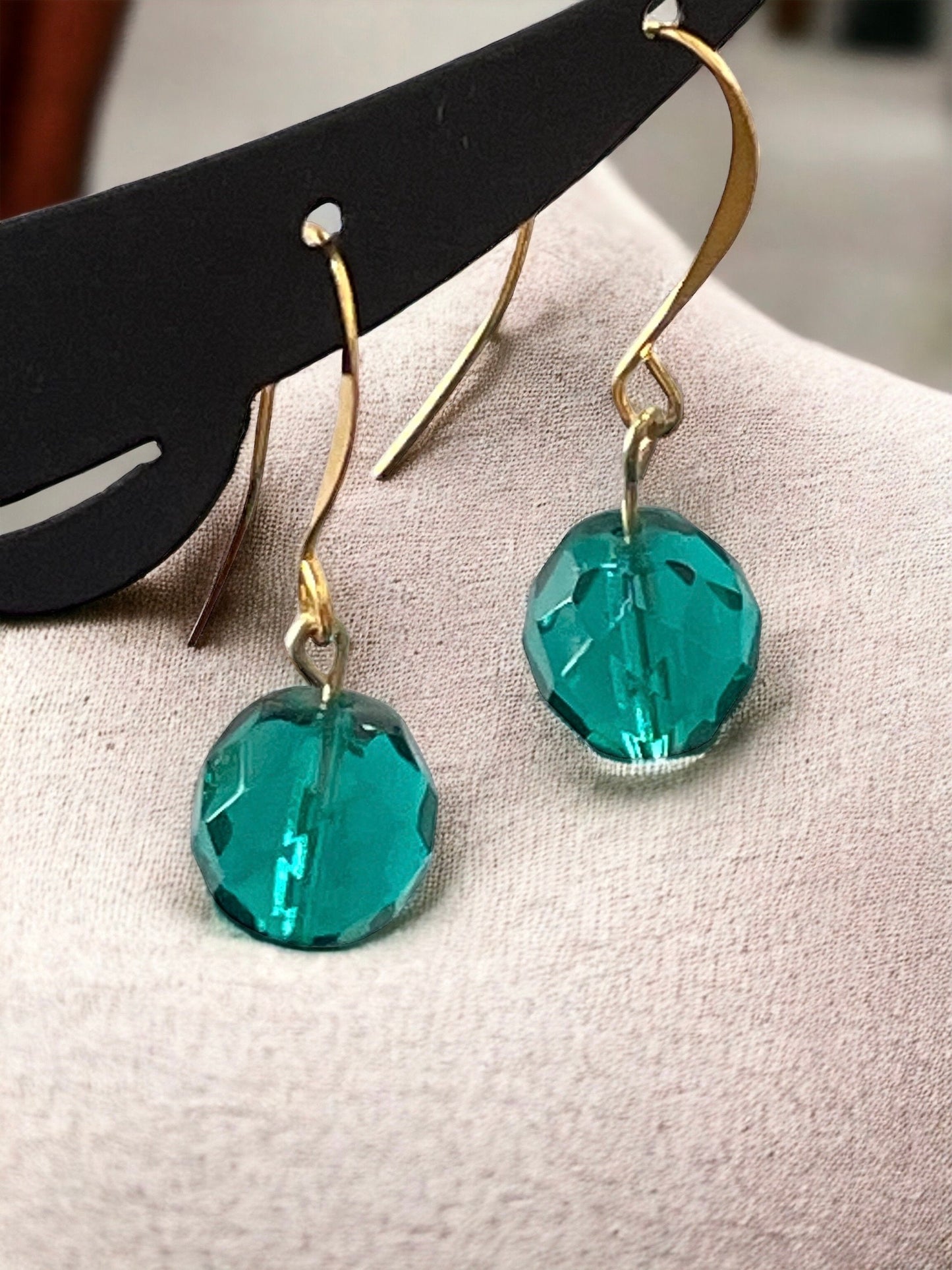 Minimalist turquoise glass crystal dangle earrings with sloped goldstone ear wires