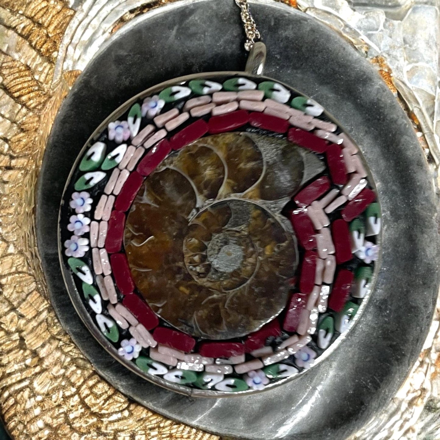 Handmade Ammonite Micro Mosaic Necklace – Unique Fossil Jewelry with Hand-Cut Italian Murrini – Stunning Statement Pendant Gift for Her