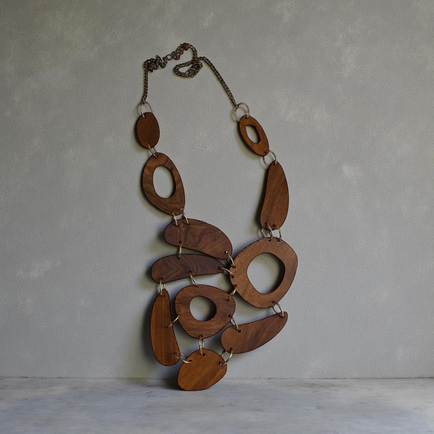 Vintage Wood Statement Necklace | Large Mixed Wood and Brass Tone Links | Boho Artisan Style Necklace | Chunky Wood Jewelry