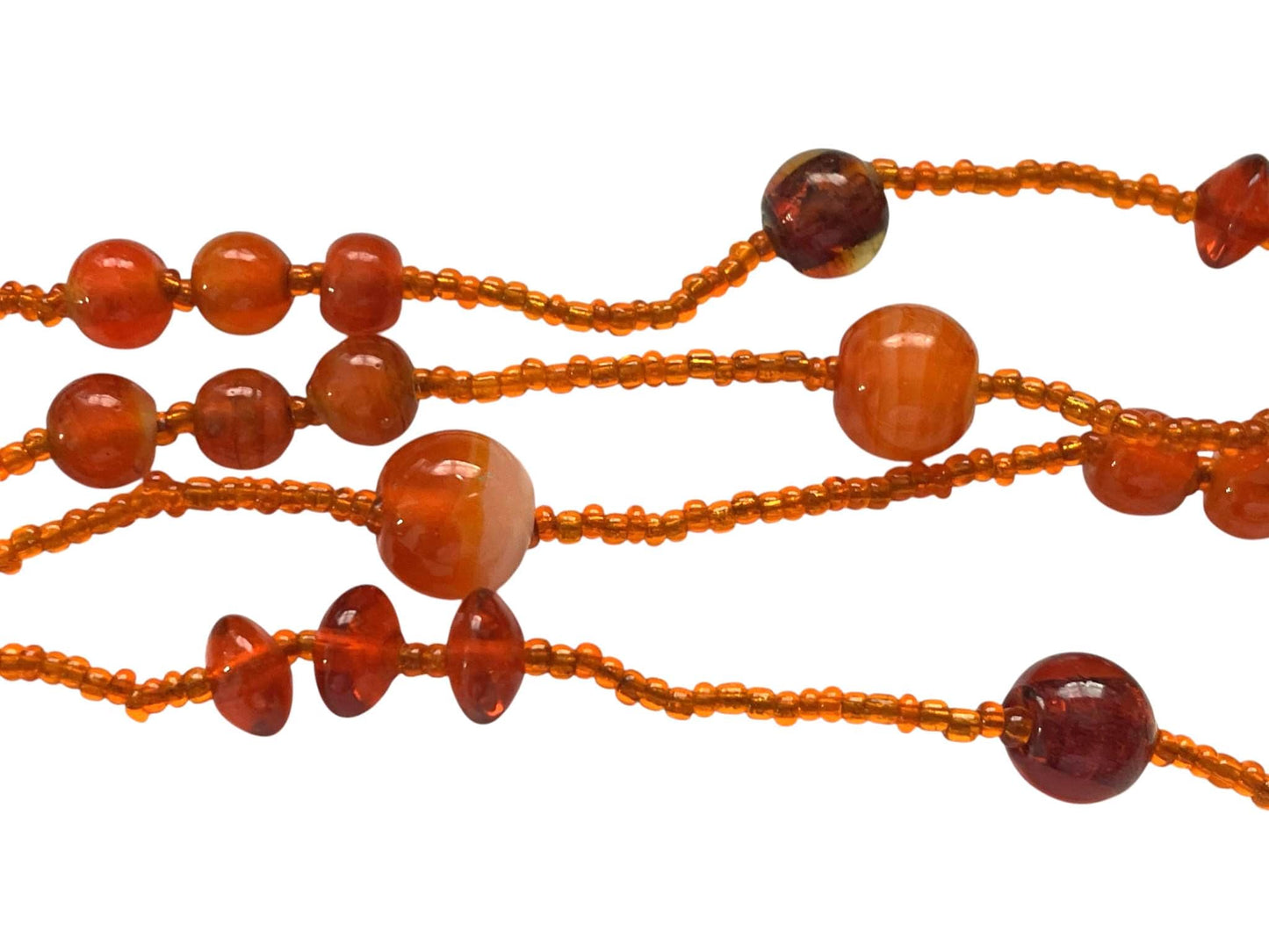 Vintage Orange Glass Bead Necklace – Long 3 Strand Beaded Statement Necklace – Amber Tone Layered Retro Jewelry