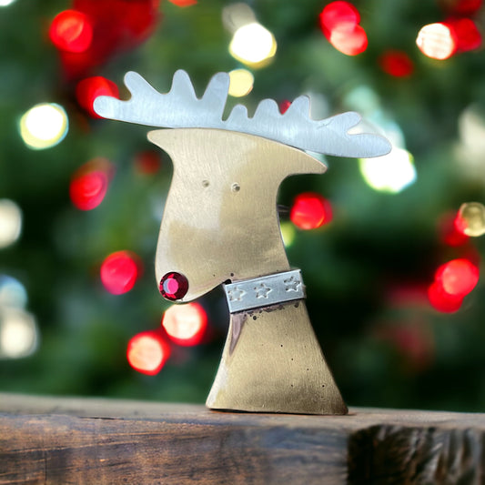 Mixed metal vintage reindeer pin with red rhinestone nose