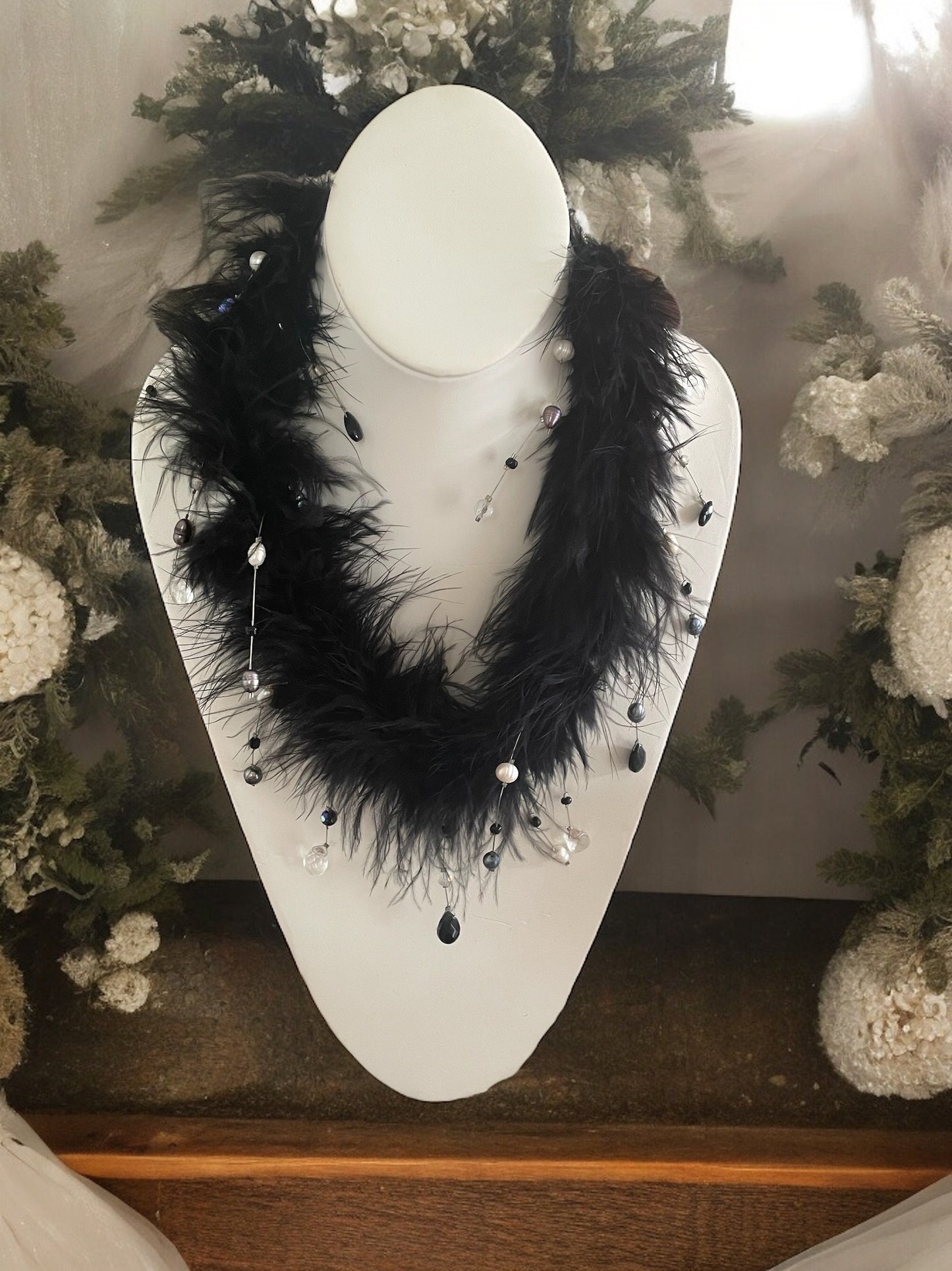 Unique vintage black feather necklace with crystals and pearls