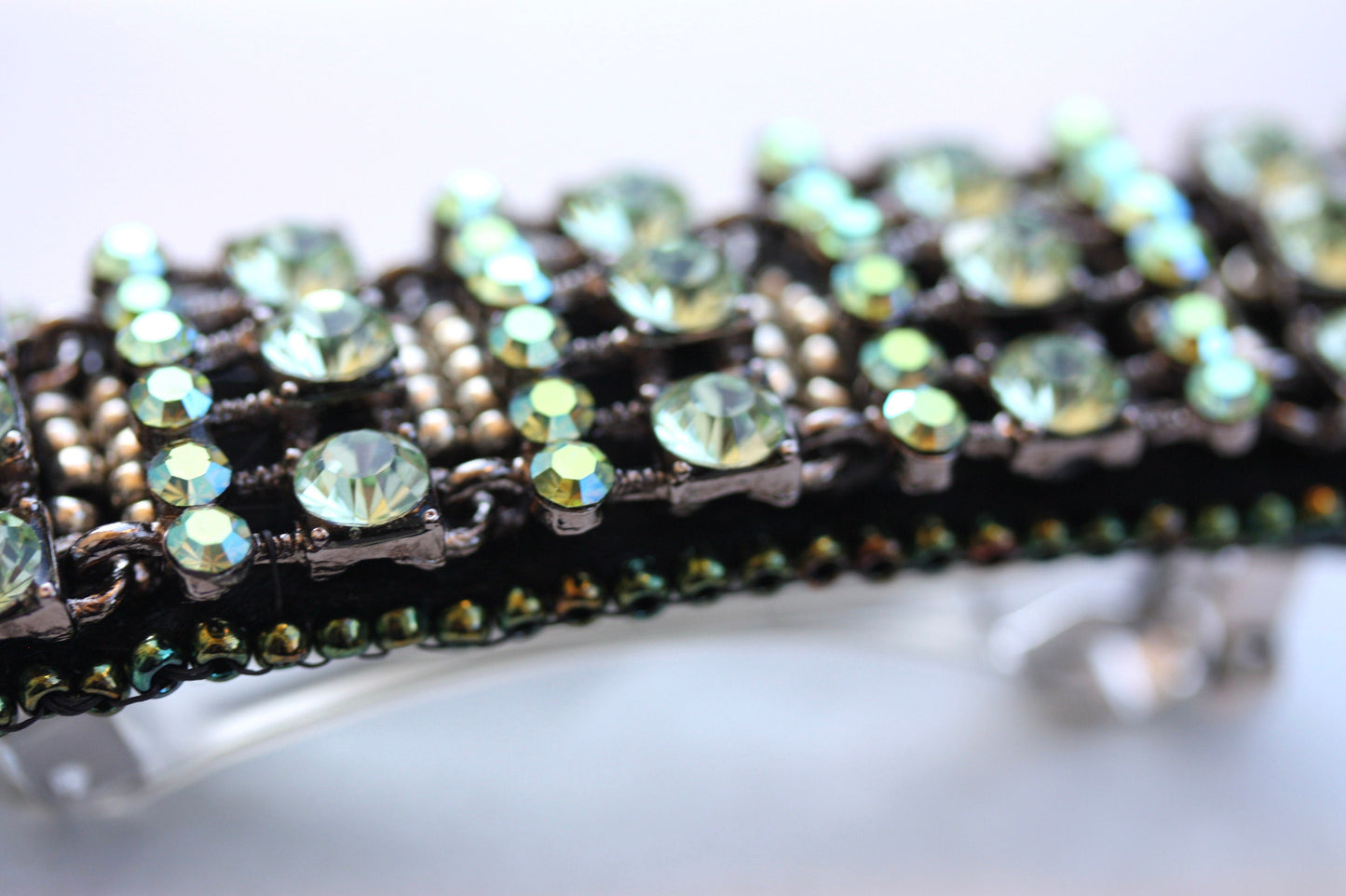 Stunning green AB crystal style rhinestone, metal and glass beadwork hair barrette - hair clip, hair accessories