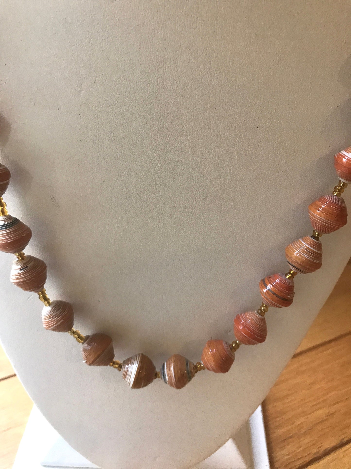 Unique orange vintage artisan necklace - beads look like porcelain but are actually made of rolled paper that's been painted & sealed