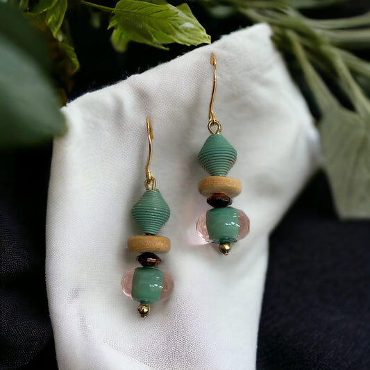 Mixed material glass, metal and wood turquoise drop earrings