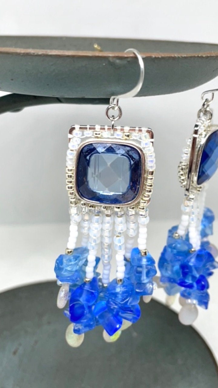 One-of-a-kind mixed material hand beaded dangle beadwork earrings - inspired by the beach - upcycled cabochons, blue glass chips, seed beads