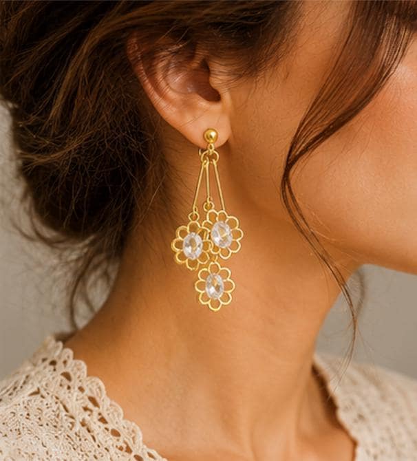 Vintage Avon Dangling Daisy Clip On Earrings in Original Box | Signed Gold Tone Crystal Dangle Earrings | 2.25" Floral Statement Jewelry