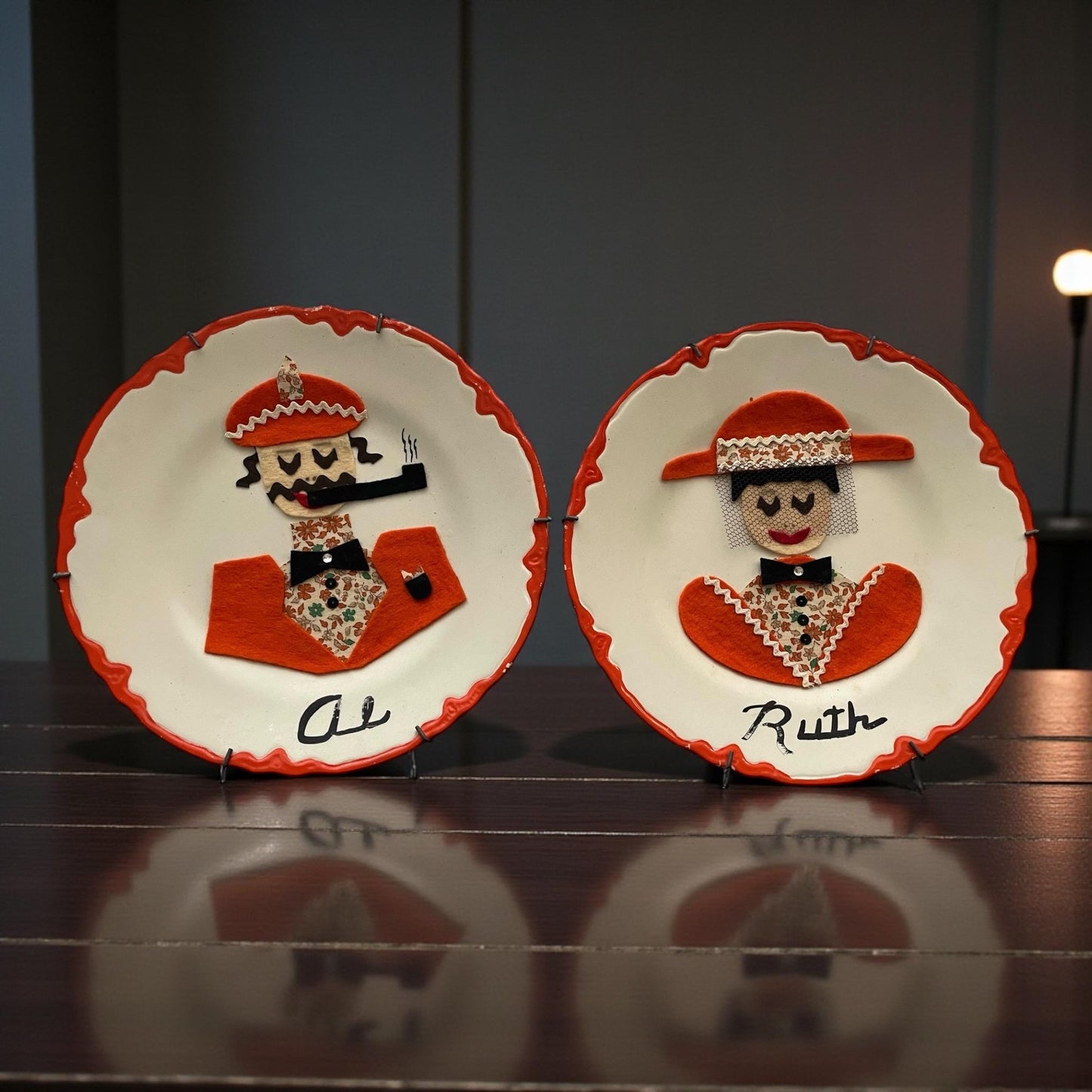Vintage Felt Art Wall Plates, Retro Folk Art, Mid Century Wall Hanging Set - possibly the most charming portrait plates!  Meet RUTH & AL