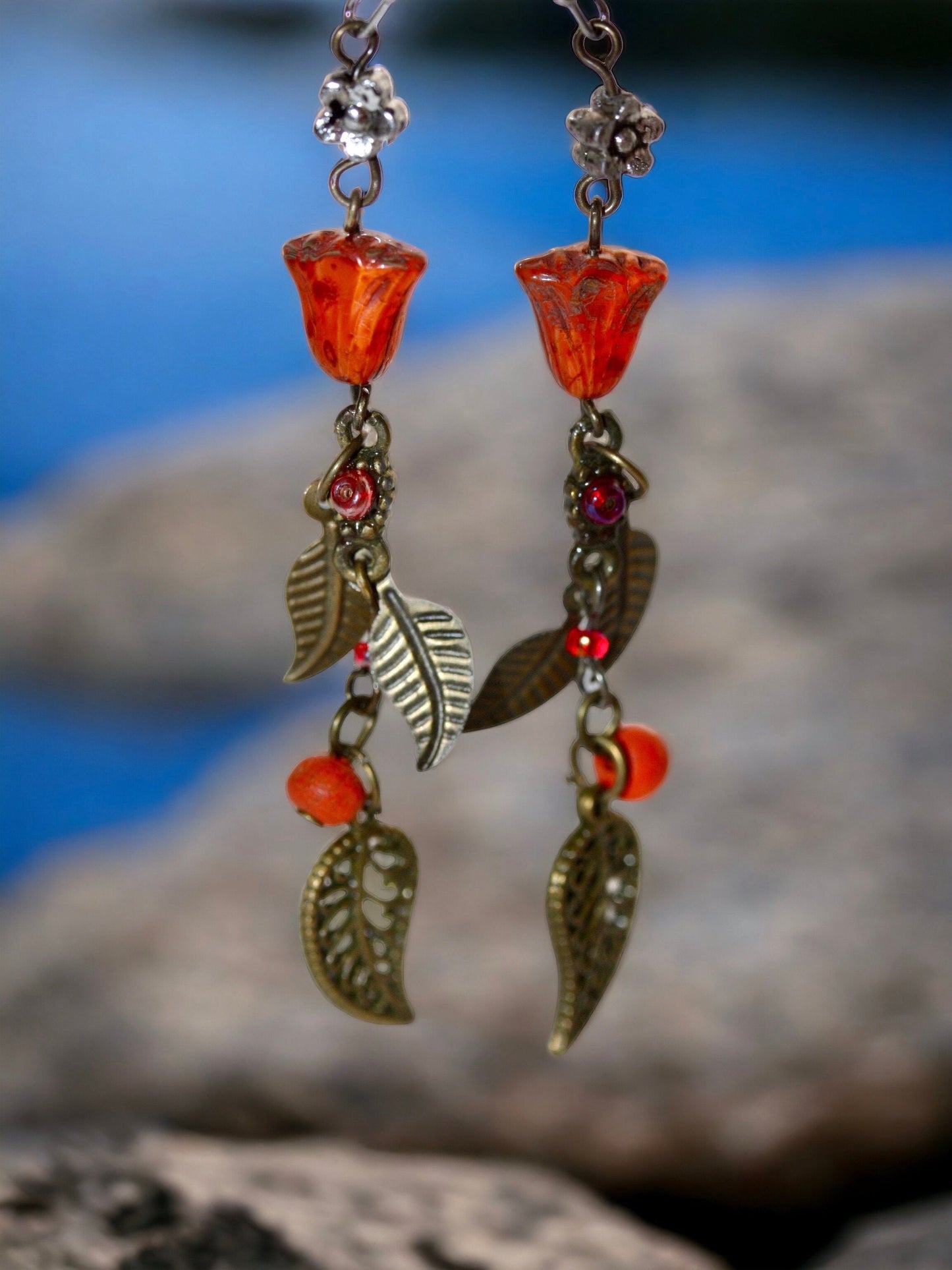 coppery - orange tulip mixed material vintage and new element handmade dangle earrings