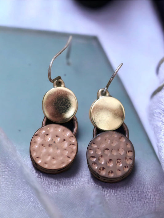 Textured coppertone metal and contrasting smooth goldtone disc unique vintage dangle earrings