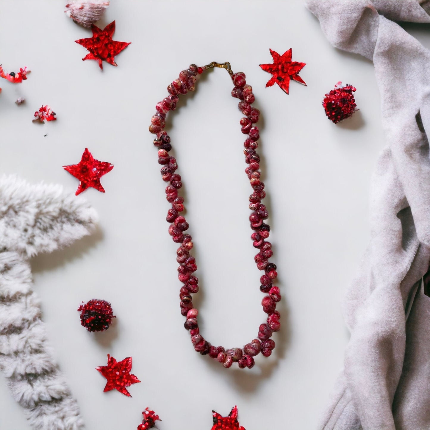 Unique vintage artisan shell necklace - shades of reddish pinks