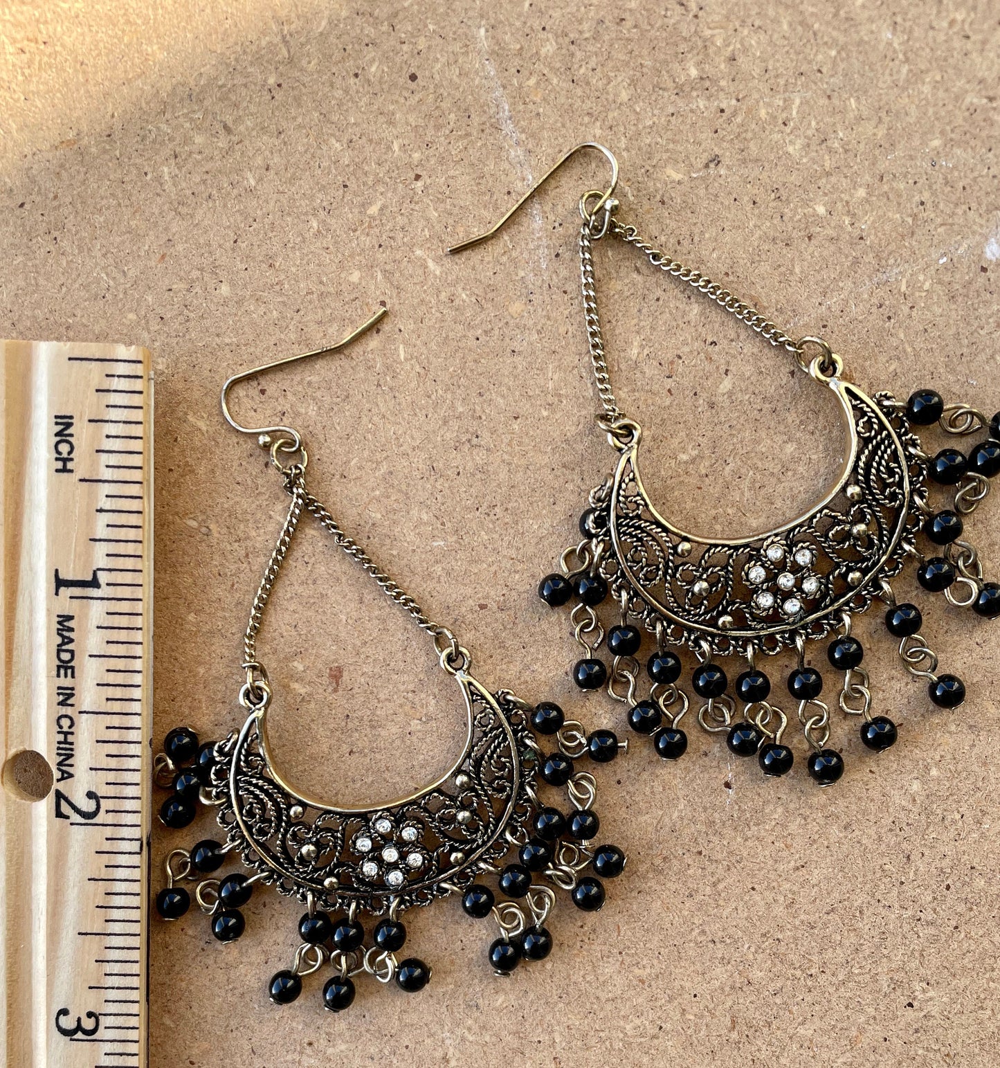 Vintage chandelier earrings with rhinestones and black dangles