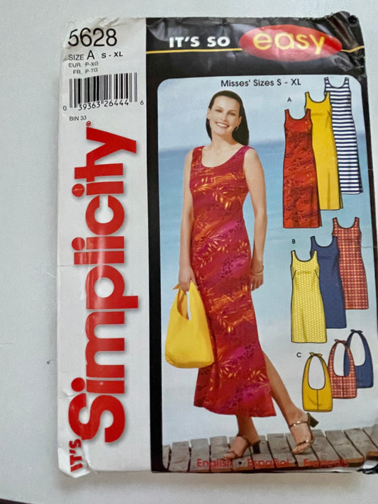 UNCUT Sewing Pattern - Simplicity Pattern 5628 Misses Pullover Dress in Two Lengths, and Bag - Size Small, Medium, Large, XLarge