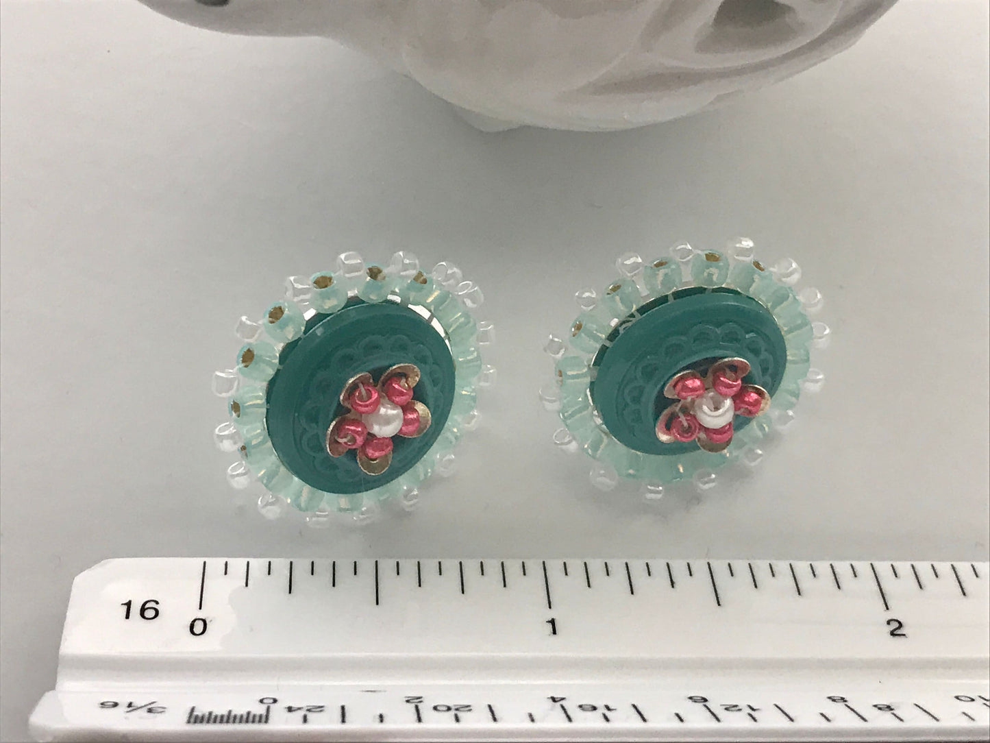 Intricately beaded vintage buttons handmade stud earrings - turquoise